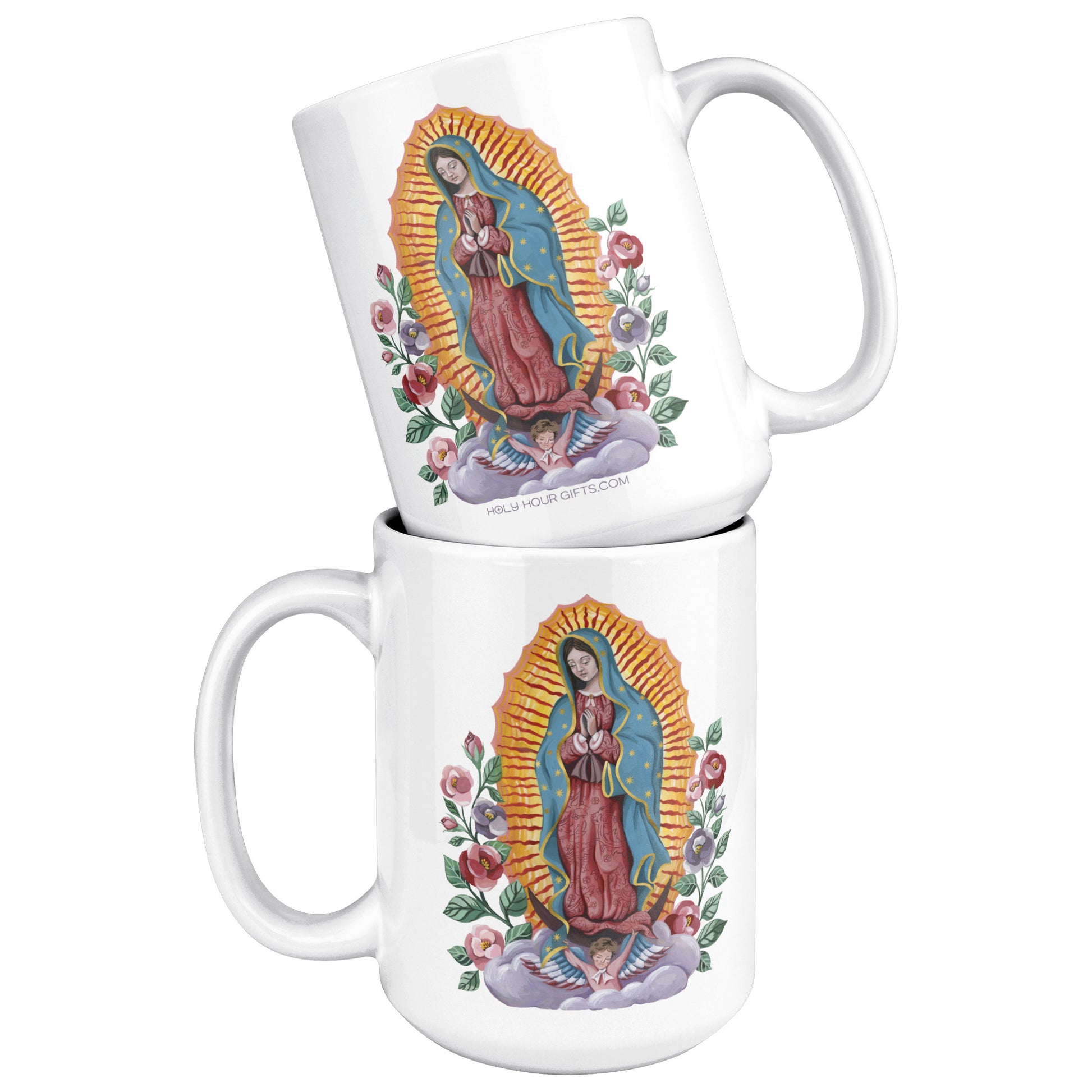 2 Catholic Mugs with Our Lady of Guadalupe image.