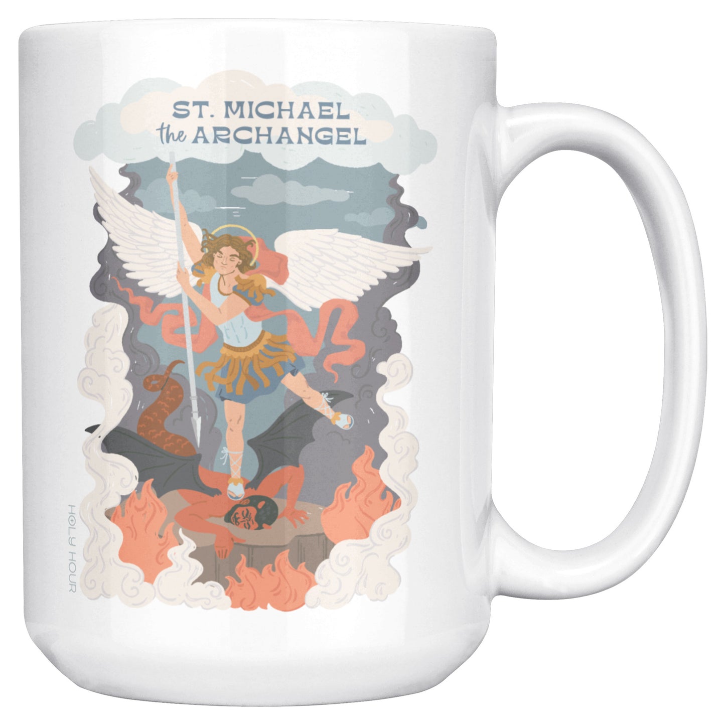 15oz Catholic Mug Saint Michael the Archangel and prayer on exterior of mug.