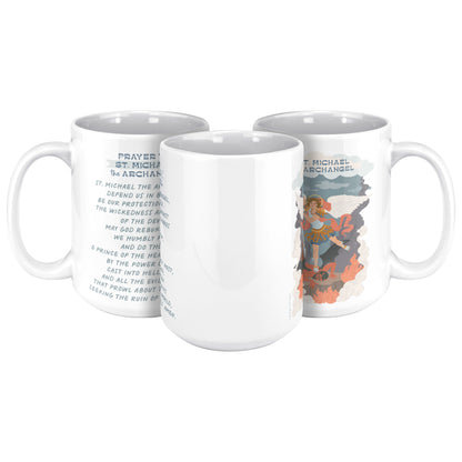 Image of three 15oz Catholic Mugs with Saint Michael the Archangel and prayer.