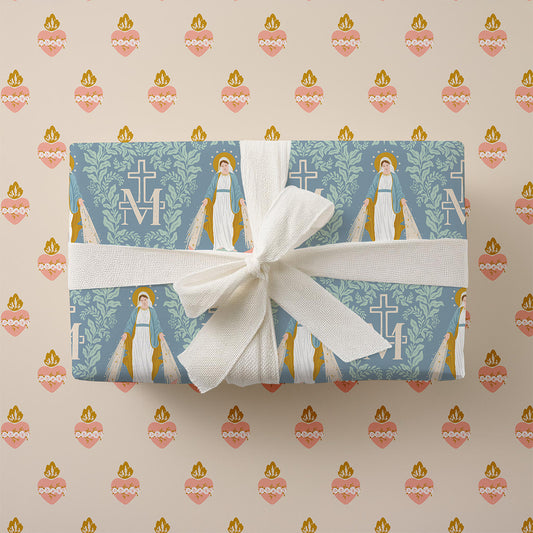 Catholic Christian gift wrapping paper featuring the Virgin Mary and the Immaculate Heart of Mary. Paper is double-sided.