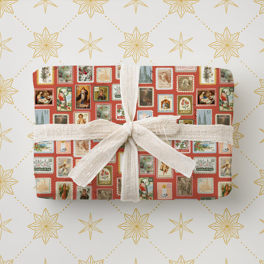 Catholic Wrapping Paper. Double-sided Christmas Wrapping Paper sheets with religious postage stamps and gold stars.