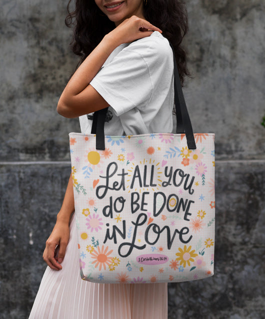 Image of Christian tote bag with a Bible verse from 1Corinthians 16:14.