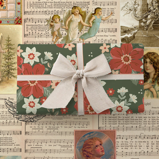 Double-sided Christian Catholic Christmas wrapping paper sheets with vintage music ephemera, angels, holiday floral.