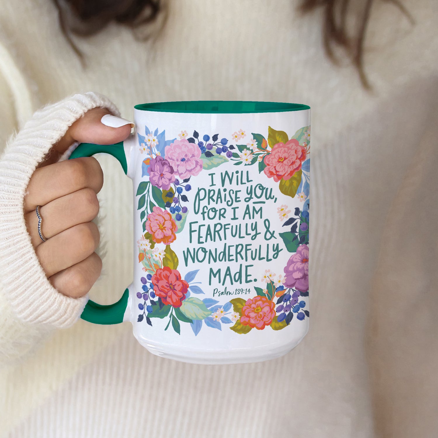 Christian Gifts mug featuring a vibrant floral design and Psalm 139:14. Christian gifts available to buy at Holy Hour Gifts.