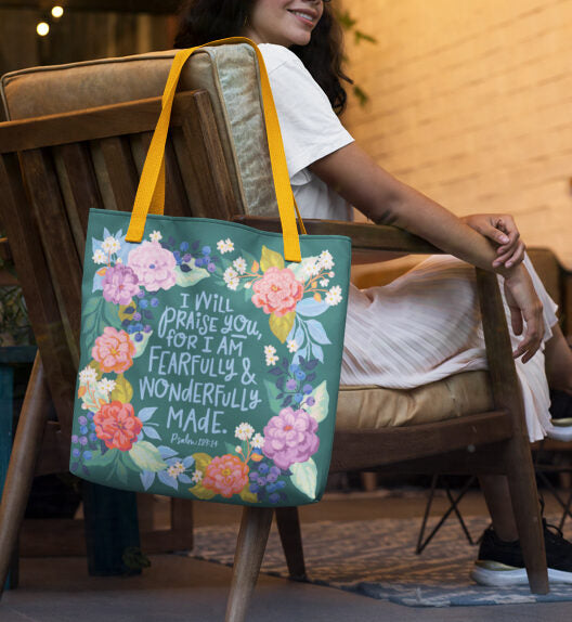 Christian tote bag featuring Psalm 139:14. Buy now at Holy Hour Gifts.