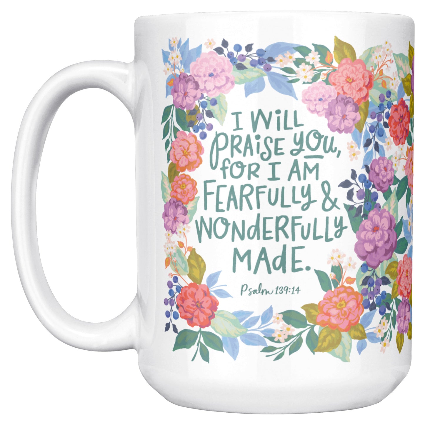 Christian mug coffee mug image featuring Psalm 139:14 from the Bible. 