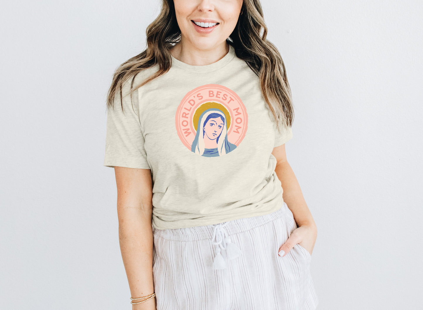 Worlds Best Mom Heather Dust Bella + Canvas Shirt Catholic T-Shirt Our Lady Virgin Mary Blessed Mother