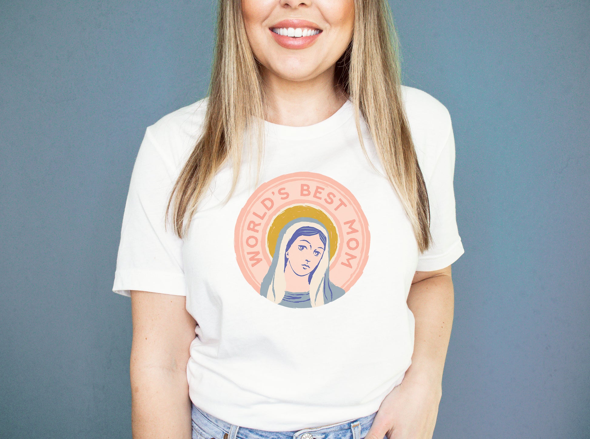 Worlds Best Mom White Catholic T-Shirt Our Lady Virgin Mary Blessed Mother